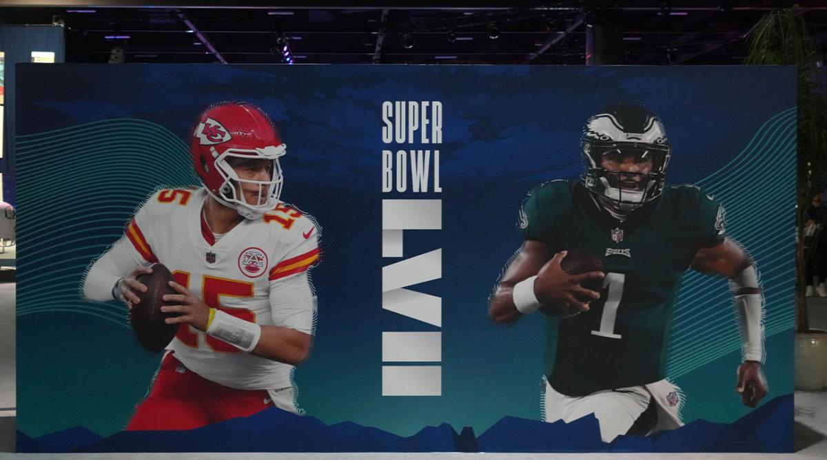 Feb 9, 2023; Phoenix, AZ, USA; A graphic featuring Kansas City Chiefs quarterback Patrick Mahomes and Philadelphia Eagles quarterback Jalen Hurts at the Super Bowl LVII Experience at the Phoenix Convention Center.
